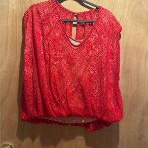 Free People Red Floral Lace V-Neck Blouse